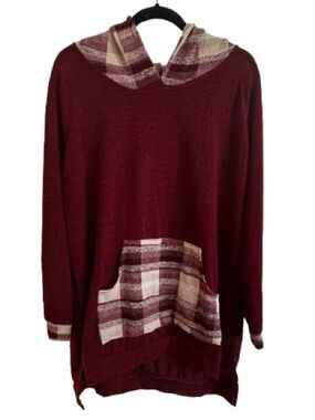 Emerald Burgundy Hooded Plaid-Trim Pullover Sweater